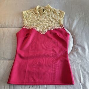 Banana Lemon Pink Blouse with Lace Collar Chest Size M
